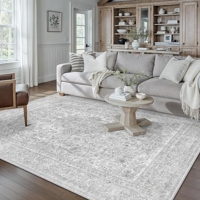 Gray Area Rug 5x7 for Living Room Washable Vintage Carpet Low Pile Non Slip by PureCozy