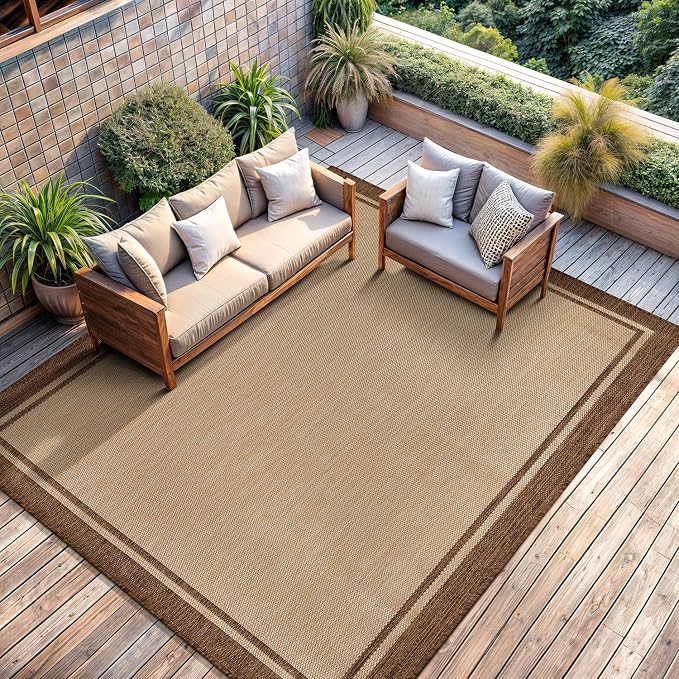 CAMILSON Outdoor Rug 8x10 Bordered Natural Brown Modern Area Rugs - Image 9