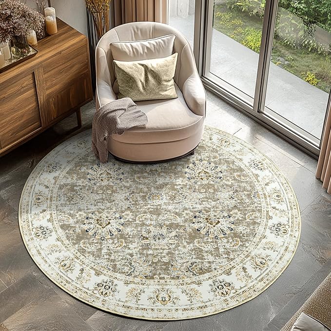 jinchan Round Rug 5ft Area Rugs Vintage Floral Distressed Design by JINCHAN