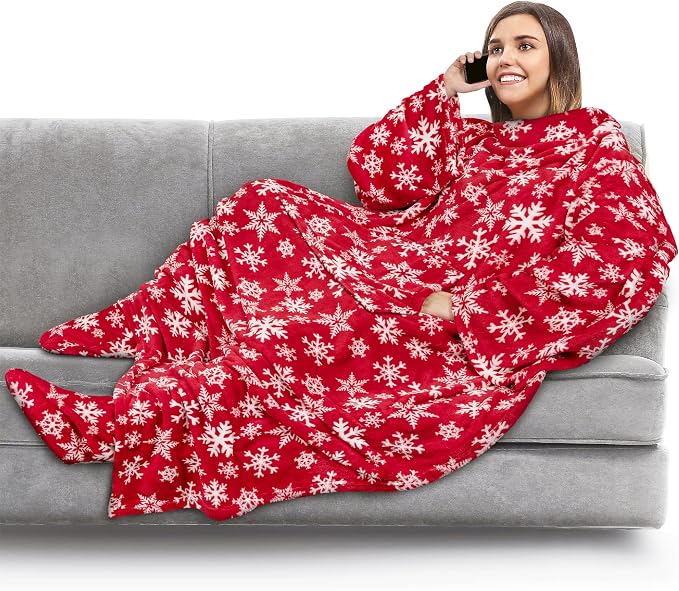 PAVILIA Fleece Blanket with Sleeves, Foot Pockets by PAVILIA