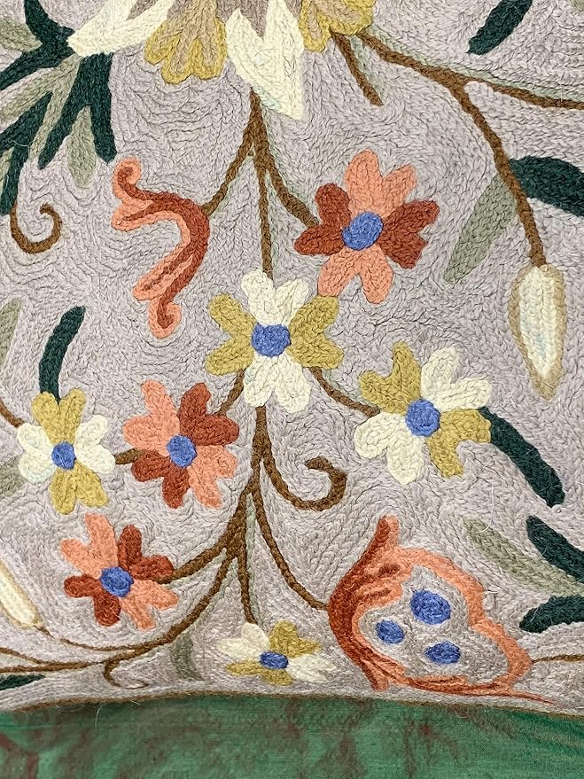 Beige Floral Pillow Cover Taupe Flower Traditional Hand Embroidered Pillowcase - Image 5