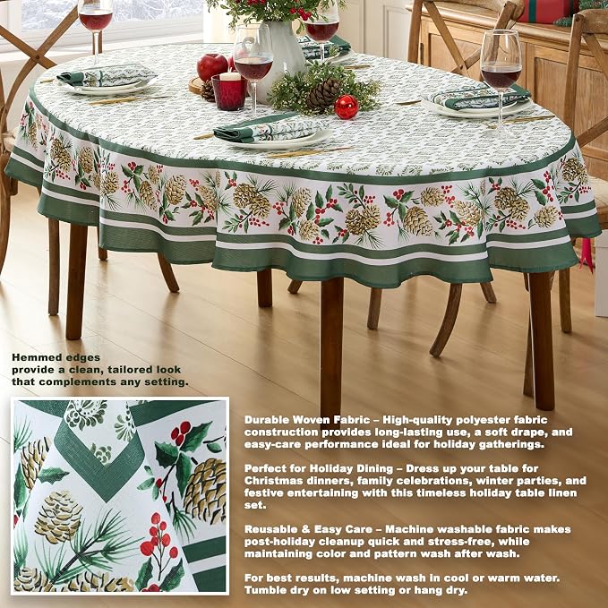 Newbridge Christmas Holly Pinecone Border 60 x 84 Inch Oval Fabric Tablecloth - Image 4