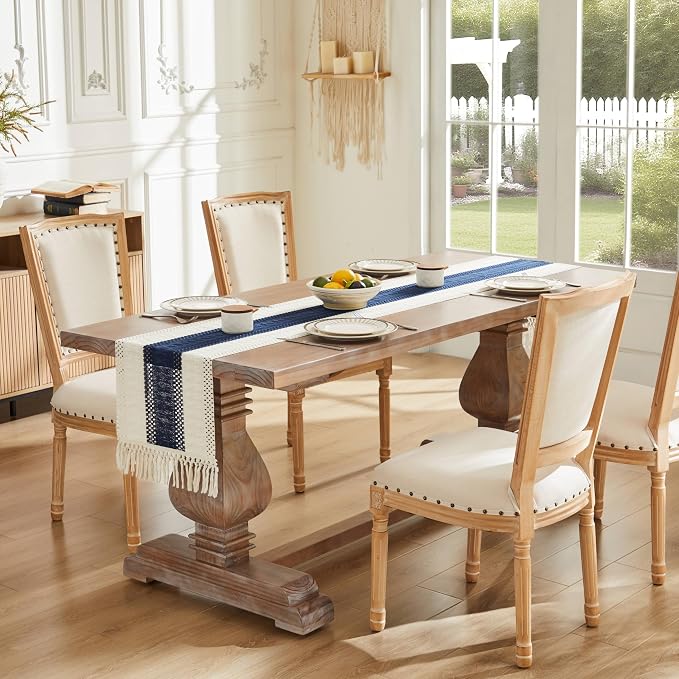 ZeeMart Macrame Style Bicolor Stitching Table Runner, 14 x 72 Inch Navy - Image 2