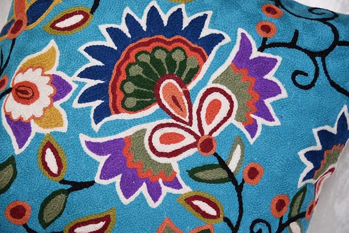 Turquoise Floral Pillow Cover Modern Flower Pillowcase Floral Hand Embroidered - Image 3