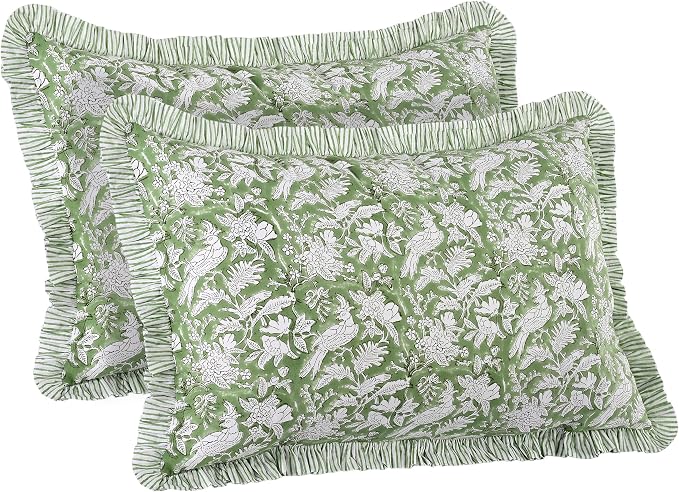 CPC Olive Green 100% Cotton Block Print Ruffle Sham Cover 20X30 inch Pack of 2 by COTTONPRINTCLUB