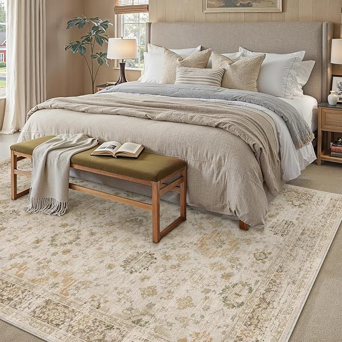 Beige 6x9 Area Rug Non Slip Vintage Living Room Distressed Machine Washable - Image 4