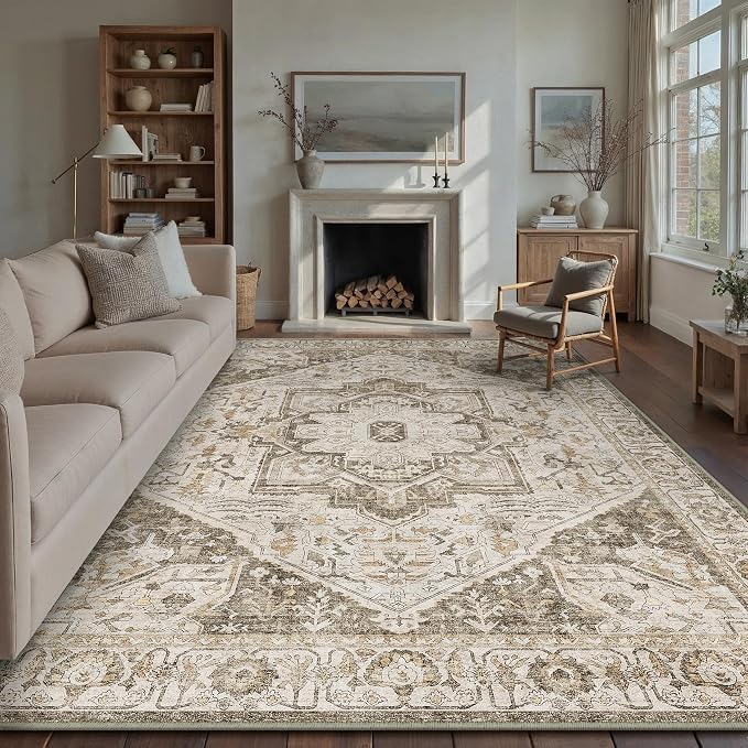 Brown Area Rug 9x12 Vintage Washable Distressed Living Room Carpet Large Indoor by PureCozy