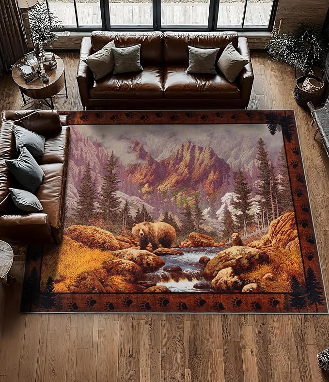 YIHOUSE Rustic Cabin Area Rug for Bedroom 6x9, Machine Washable Woodland Bear by YIHOUSE