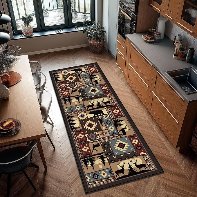 Cabin Wildlife Runner Rug 2x6, Buffalo Plaid Bear Moose Deer Country, Vintage - Image 4