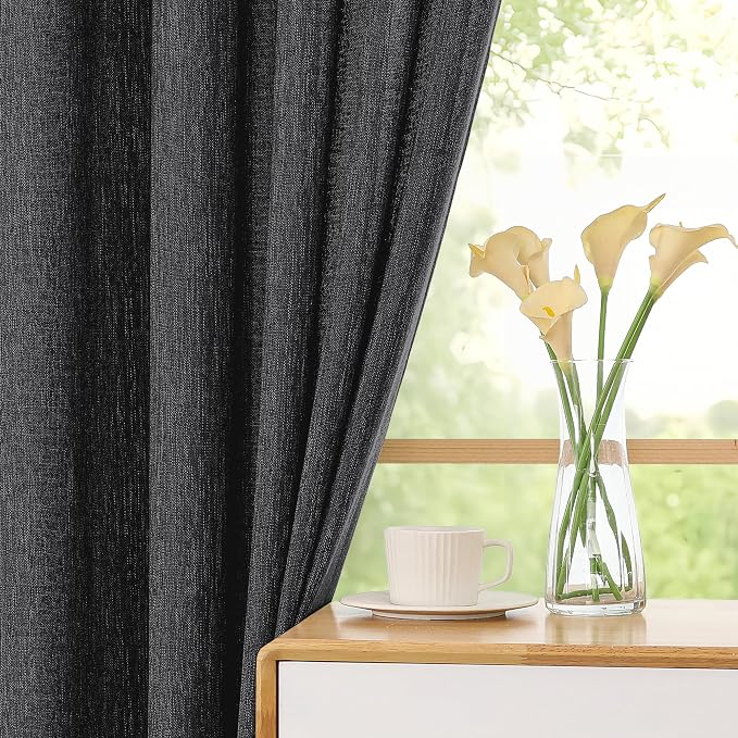 Simplebrand Black Faux Linen Textured Semi Sheer Curtains 108 Inches Long 2 - Image 8