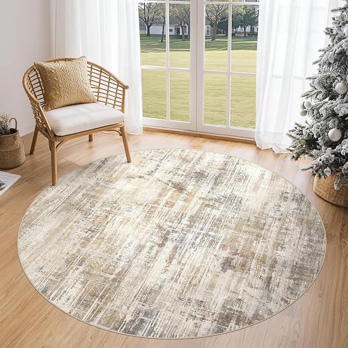 5ft Round Area Rug for Living Room: 5x5 Washable Neutral Abstract Modern Soft by UERMEI