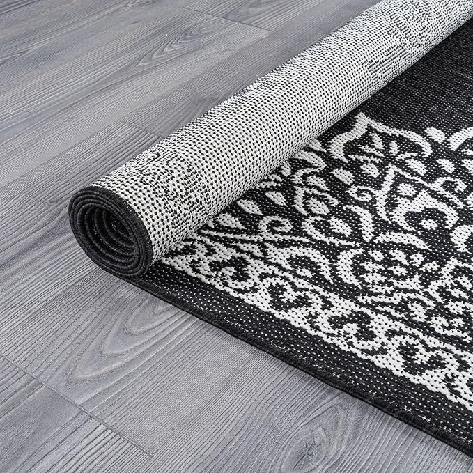 CAMILSON Outdoor Rug, 6x9 Medallion Black White Modern Area Rugs - Image 6
