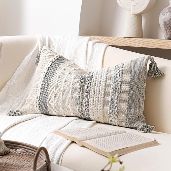 BlissBlush Gray Decorative Lumbar Pillow Cover 14x24, Farmhouse Lumbar Throw by BlissBlush