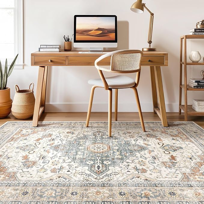 6x8 Area Rug Living Room: Washable Boho Large Neutral Vintage Soft Rugs Stain - Image 7