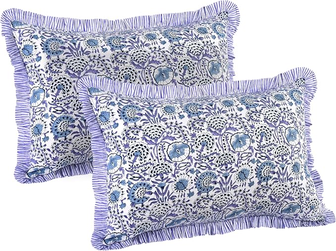CPC Indigo Blue 100% Cotton Block Print Ruffle Sham Cover 20X30 inch Pack of 2 by COTTONPRINTCLUB