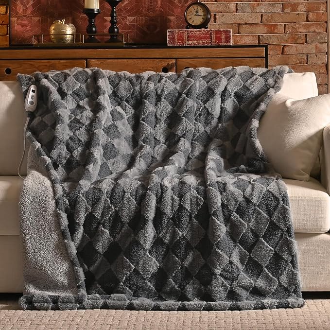 Bearhug Heated Throw Blanket 50" × 60", Electric Blanket Gray Teddy Faux Fur & by Bearhug