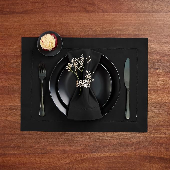 Home Ekaa Cotton Linen Placemat Set of 4 – Hemstitch Black Cloth Placemat-14 x - Image 2