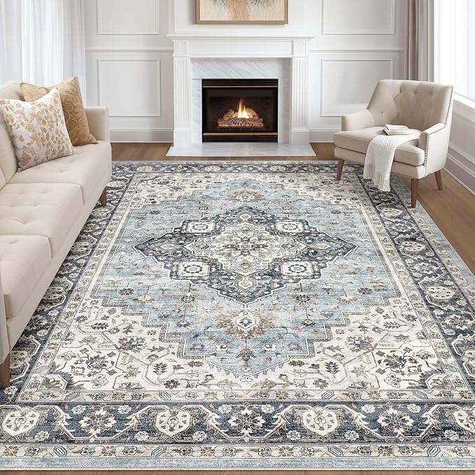 7x9 Area Rug Living Room: Washable Boho Large Neutral Vintage Soft Rugs Stain by LOONGRUG