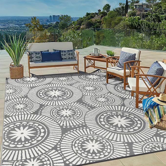 Ileading Outdoor Plastic Straw Rug 8x10ft Modern Geometric Style Reversible by Ileading