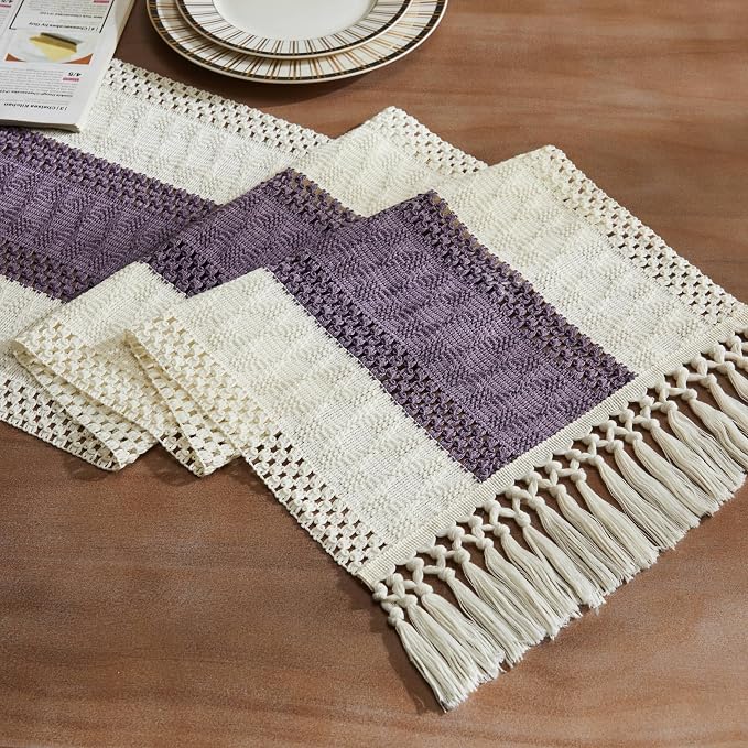 ZeeMart Macrame Style Bicolor Stitching Table Runner, 14 x 48 Inch Purple/Ivory by ZEEMARTONLINE