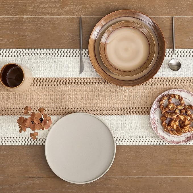 ZeeMart Macrame Style Bicolor Stitching Table Runner, 14 x 48 Inch Beige/Ivory - Image 5