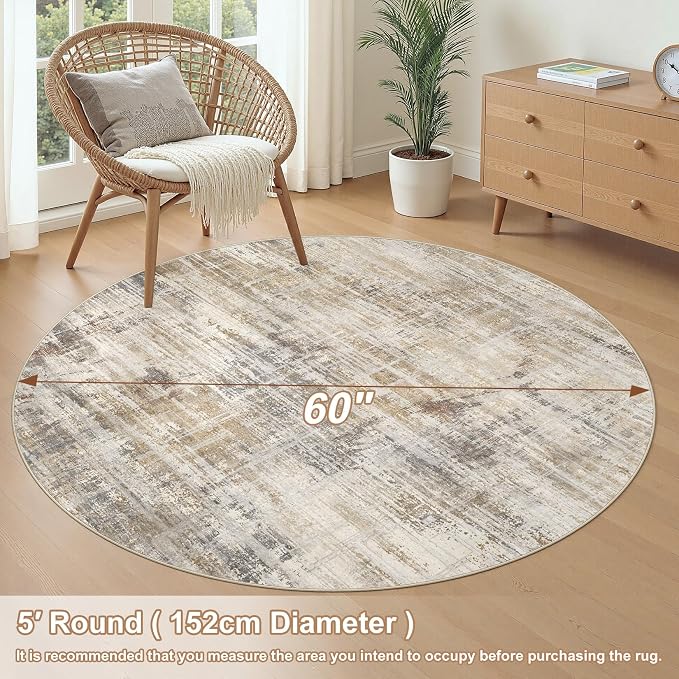 5ft Round Area Rug for Living Room: 5x5 Washable Neutral Abstract Modern Soft - Image 4