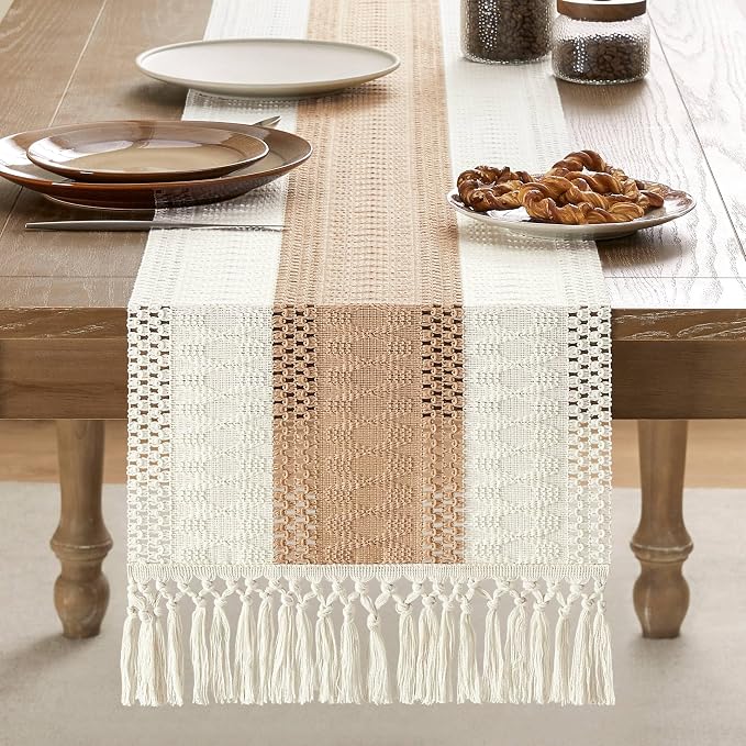 ZeeMart Macrame Style Bicolor Stitching Table Runner, 14 x 36 Inch Beige/Ivory - Image 2