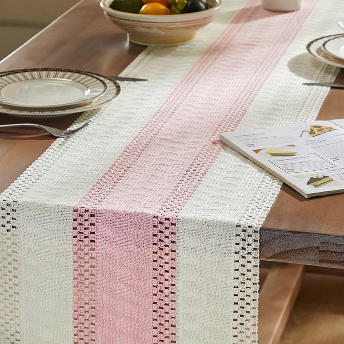 ZeeMart Macrame Style Bicolor Stitching Table Runner, 14 x 72 Inch Light - Image 5