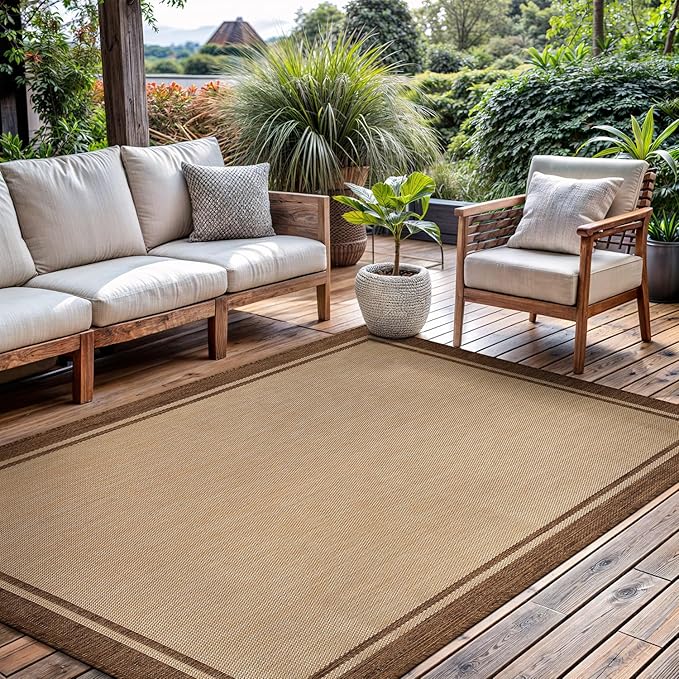 CAMILSON Outdoor Rug 8x10 Bordered Natural Brown Modern Area Rugs by CAMILSONIndoorOutdoorAreaRugs