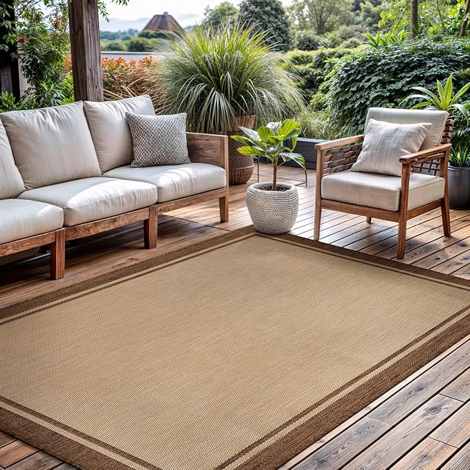 CAMILSON Outdoor Rug 9x12 Bordered Natural Brown Modern Area Rugs by CAMILSONIndoorOutdoorAreaRugs