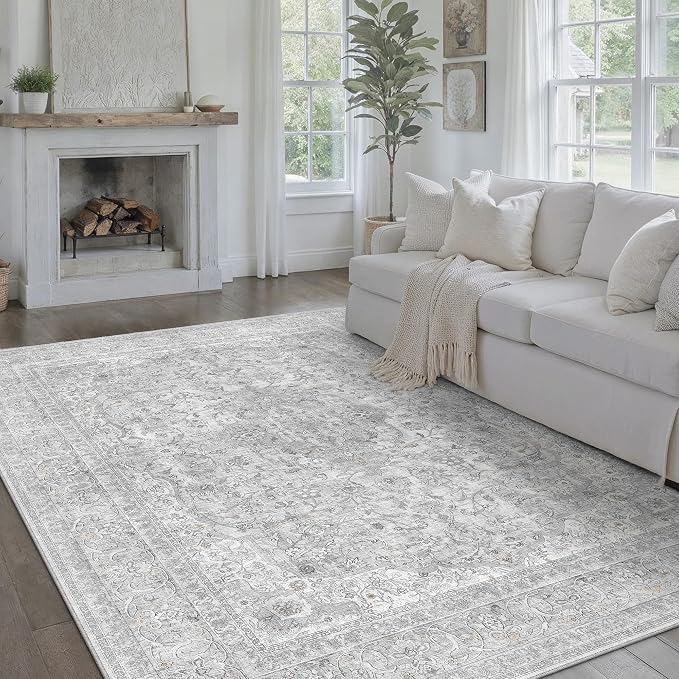 Gray Area Rug 8x10 for Living Room Washable Vintage Carpet Low Pile Non Slip - Image 3