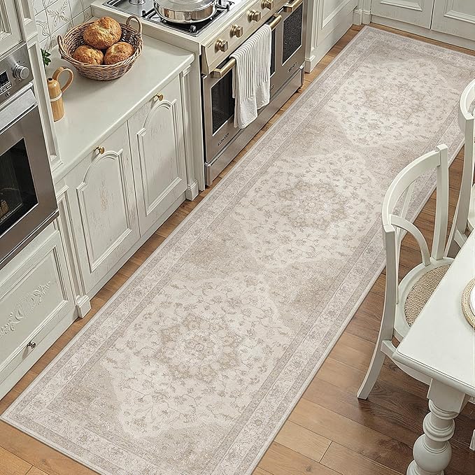 Beige Runner Rug 2x7 Washable Vintage Carpet Hallway Kitchen Soft Retro Low by PureCozy