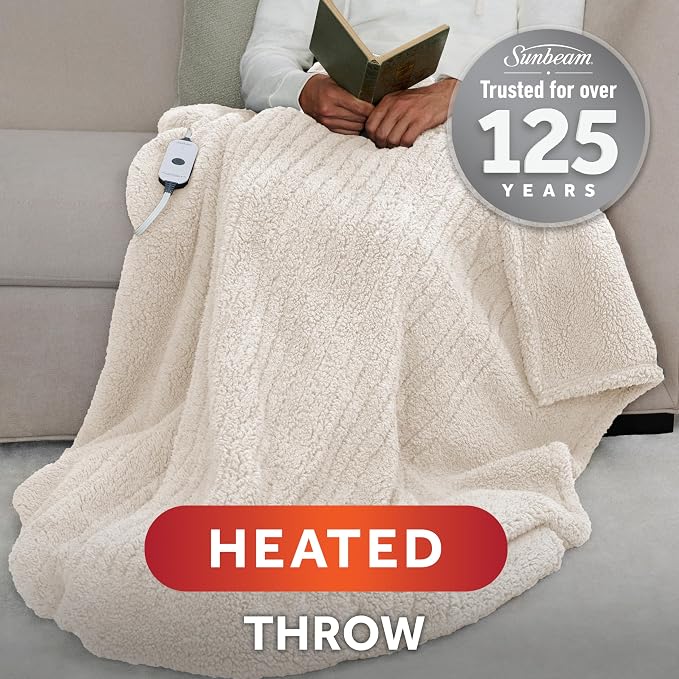 Sunbeam Royal Sherpa Foot Pocket Heated Throw Electric Blanket, 4 Heat Settings - Image 2