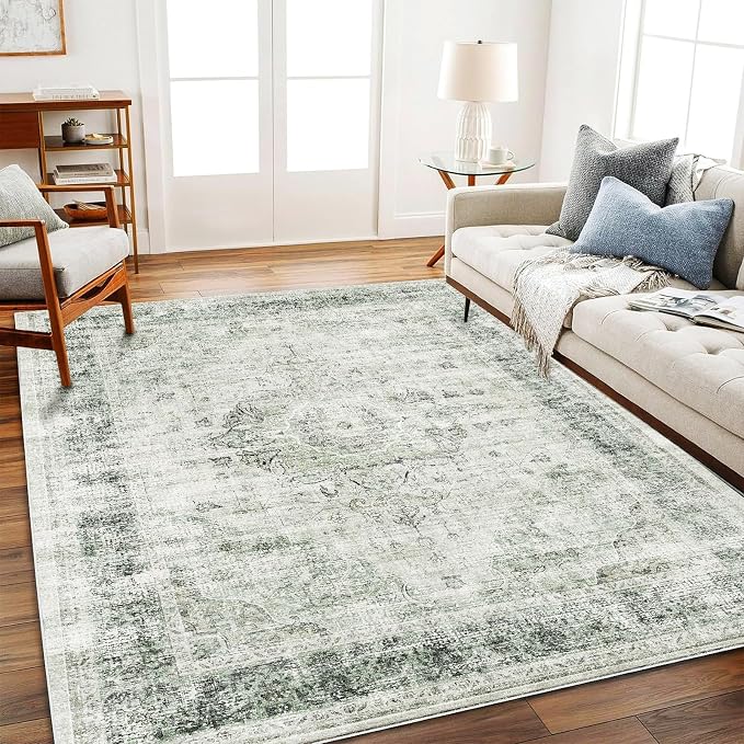 Area Rug 5'x7' Washable Rug Floral Green Vintage Traditional Floor Cover Thin by CHAMPLANT