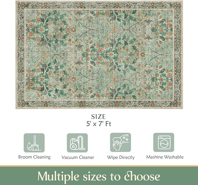 MUJOO Green 5x7 Area Rugs, Floral Washable Rug - Image 2