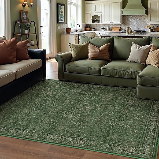 Vintage Area Rug 6x9 Washable Green Living Room Carpet Large Indoor Non Slip - Image 5