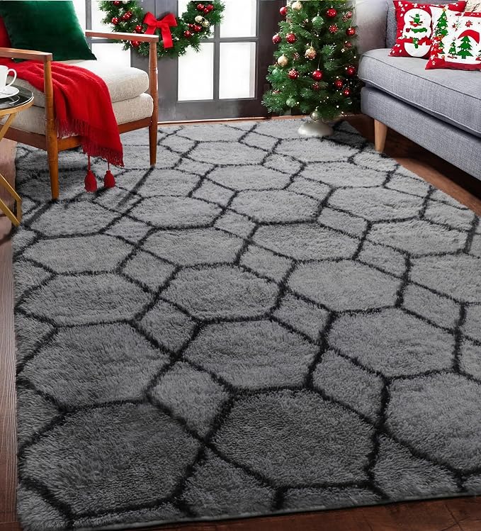 ONASAR Area Rugs for Bedroom Living Room, Washable 4x6 Fluffy Grey and Black Rug by ONASAR