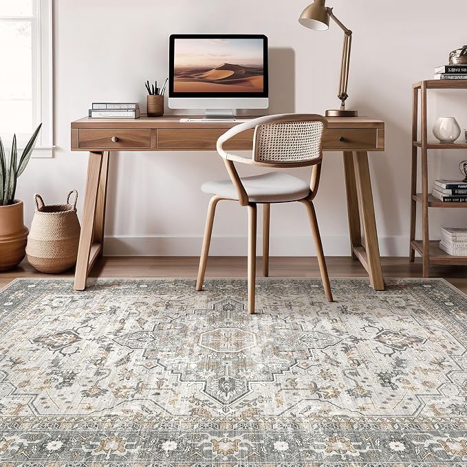 8x10 Area Rugs Living Room: Washable Boho Large Neutral Vintage Soft Rug Stain - Image 7