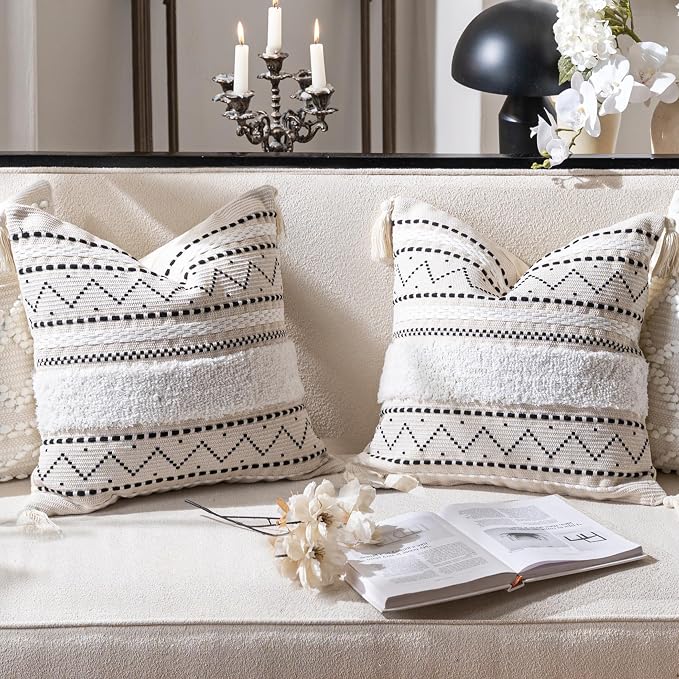BlissBlush Decorative Throw Pillow Cover 18x18 Combo Set of 2 Square Boho Black by BlissBlush