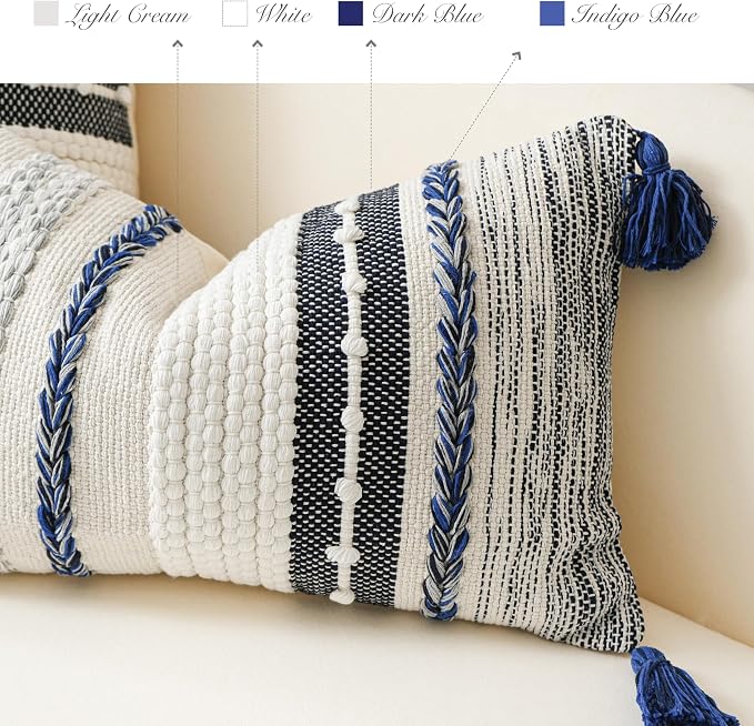 BlissBlush Decorative Lumbar Throw Pillow Cover 14x24 Boho Dark Blue Accent - Image 3