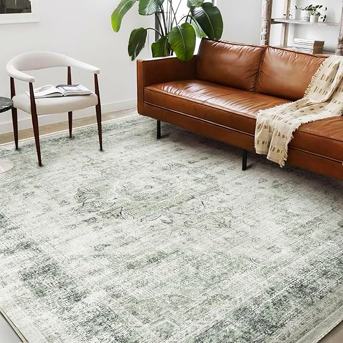 Washable Area Rug 9'x12' Retro Floral Green Boho Design Non-Shedding Easy Care - Image 3