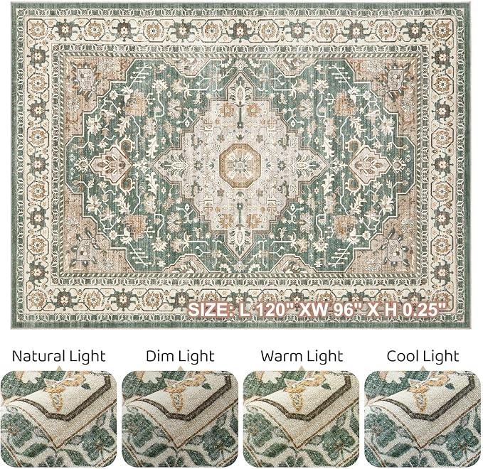 Green Rug Living Room Rugs: 8x10 Washable Boho Large Vintage Soft Stain - Image 9