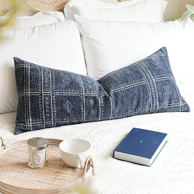 BlissBlush Dark Blue Boho Lumbar Throw Pillow Cover 14X36, Decorative Long by BlissBlush