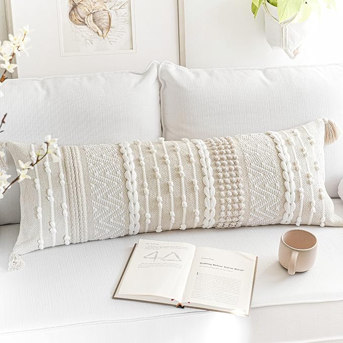 BlissBlush Cream Decorative Lumbar Throw Pillow Cover 14x36 Boho Long Cushion by BlissBlush