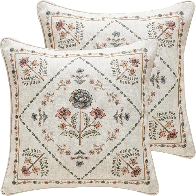 ISAENNE Design Square Floral Linen Throw Pillow Covers 18"x18" Pack of 2 by Isaennehomedecoration