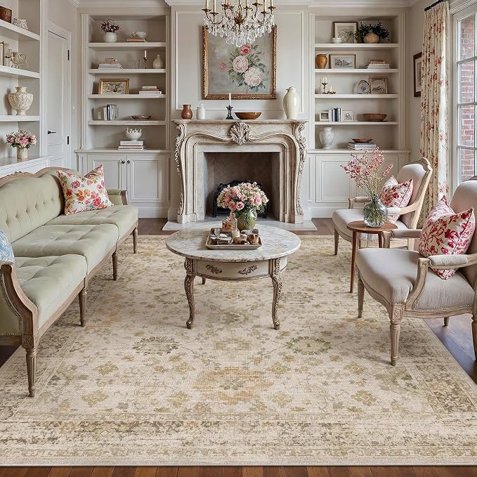 Beige 8x10 Area Rug Non Slip Large Vintage Living Room Distressed Machine by PureCozy