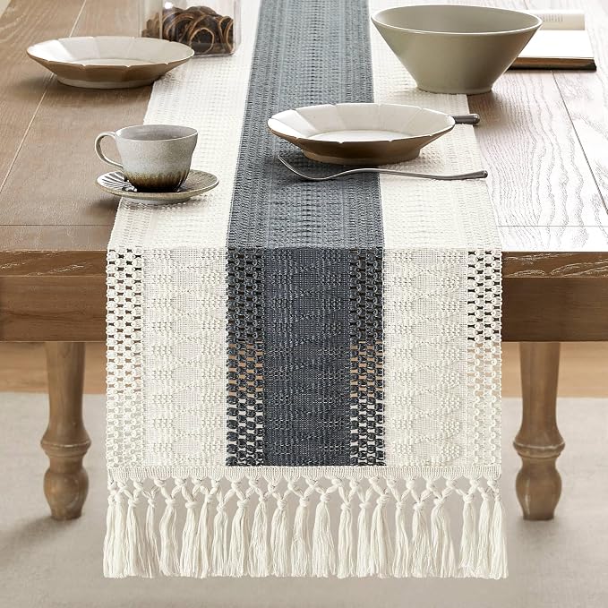 ZeeMart Macrame Style Bicolor Stitching Table Runner, 14 x 60 Inch - Image 2