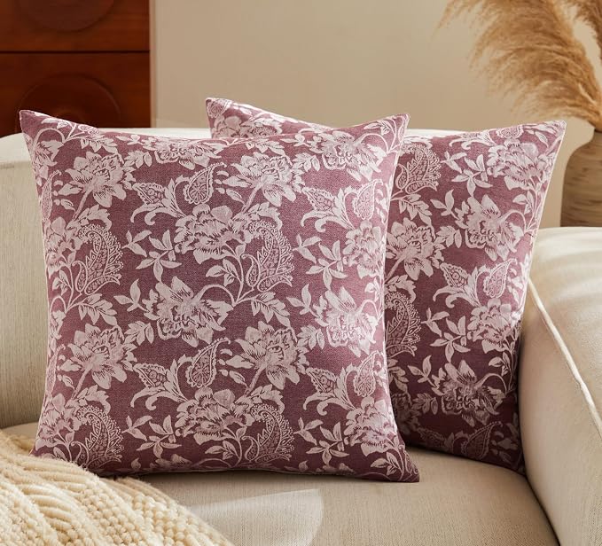 Floral Jacquard Throw Pillow Covers Set of 2, Background/Burgundy 18x18 Inch by Unknown