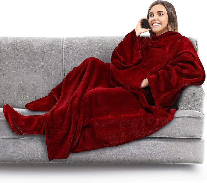 PAVILIA Fleece Blanket with Sleeves, Foot Pockets by PAVILIA