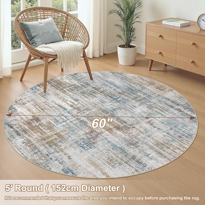 5ft Round Area Rug for Living Room: 5x5 Washable Neutral Abstract Modern Soft - Image 4